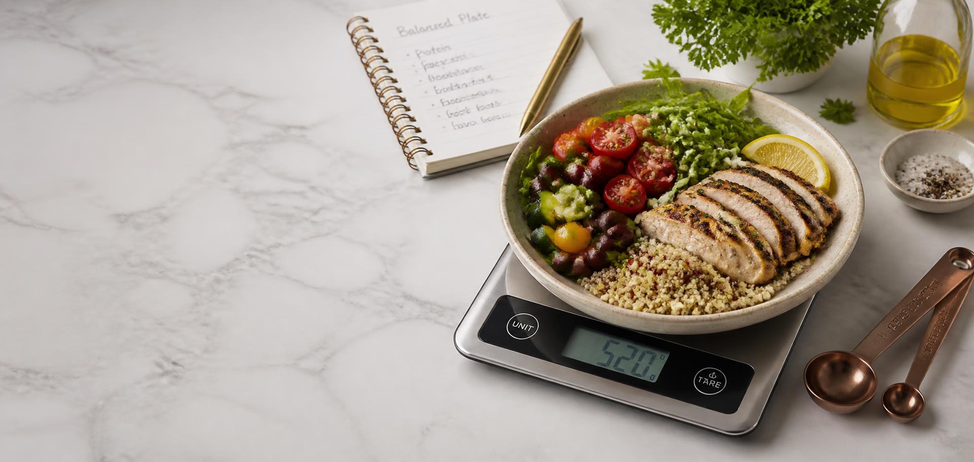 A balanced Mediterranean meal on a kitchen scale
