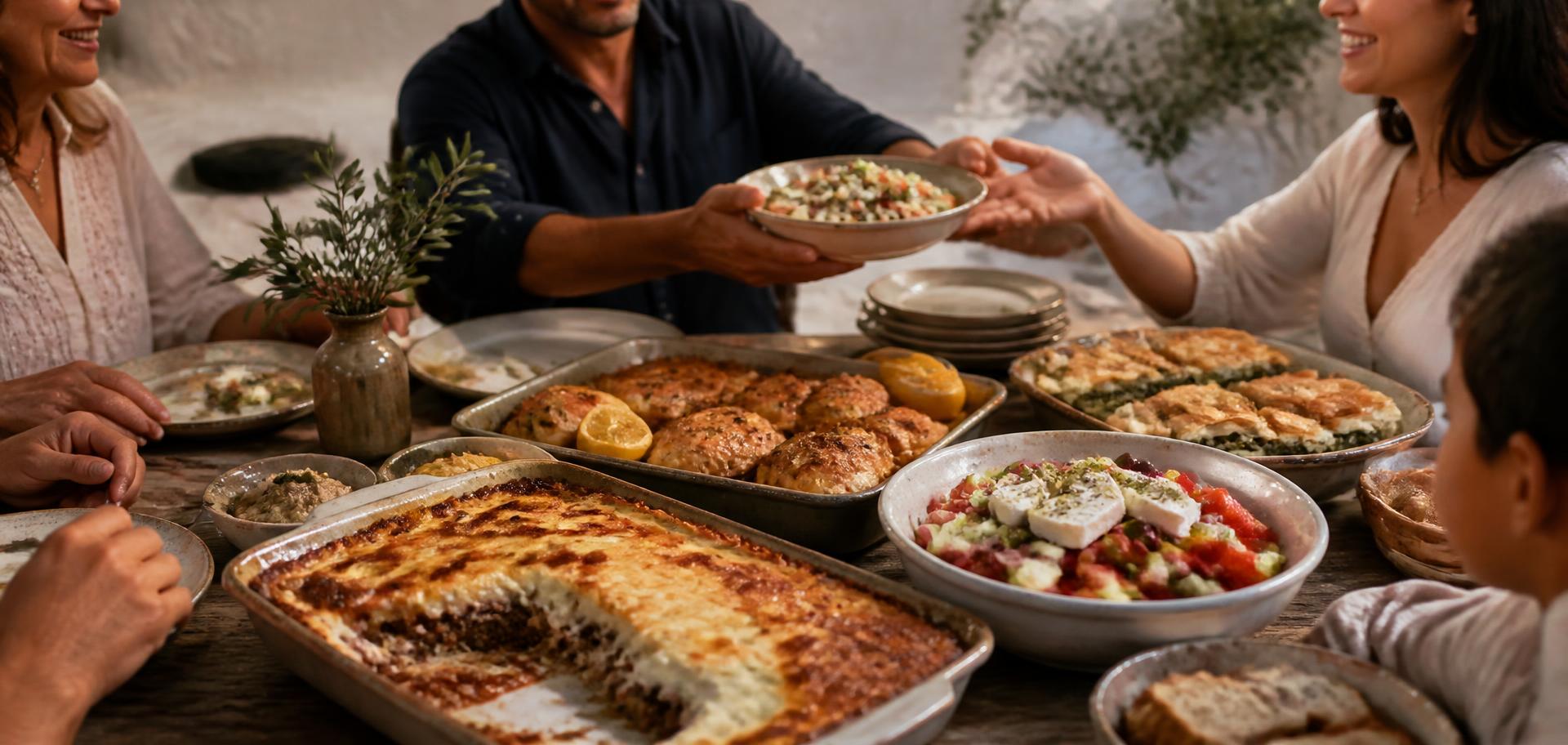 Family sharing large trays of Greek food around a rustic table